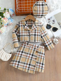 Spring & fallgirlplaidsuittwo-piece setk-style gray pink plaid lapel preppy style hat suit children's skirt