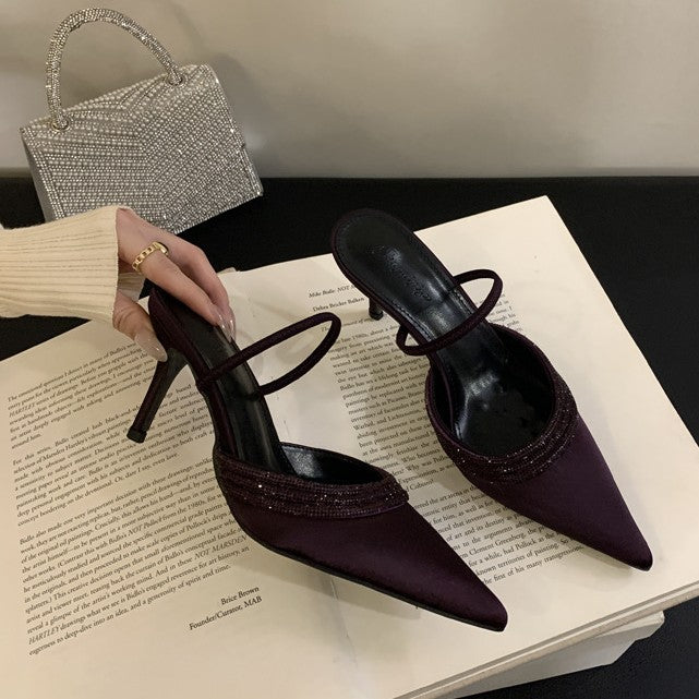 Yx2026new arrival rhinestone french high heels women's stiletto pointed toe shallow half drag one-word belt silks and satins toe cap sandals