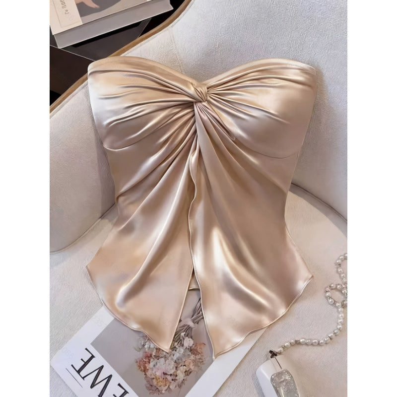 Women's summer new fashion elegant solid color satin twist knot strapless bandeau top - perfect for dates