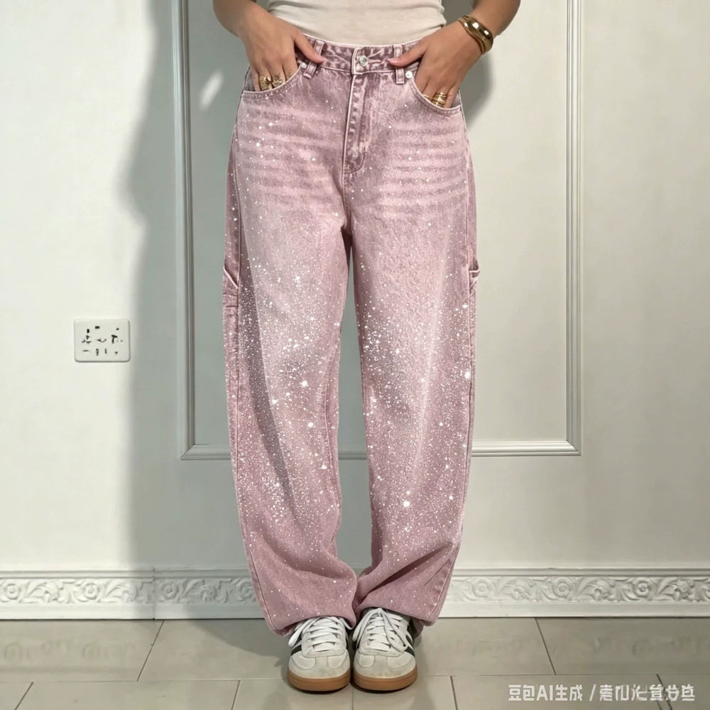 Y2k sweet & cool gradient pink denim jeans for women - starry hotfix rhinestone high-waisted wide-leg pants - sparkly casual trousers