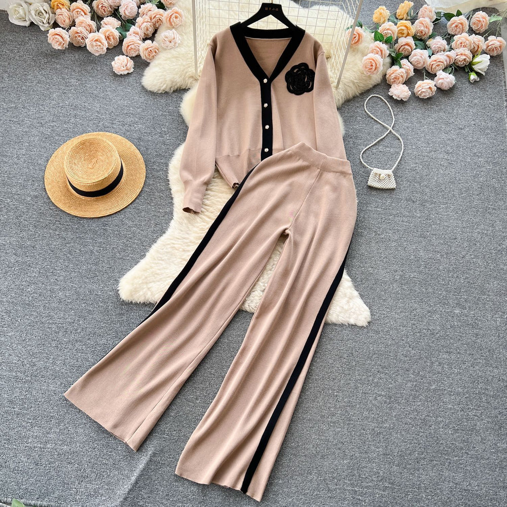 Elegant and chic knit set for women: autumn/winter loose-fit long sleeve shirt + high-waisted drape pants
