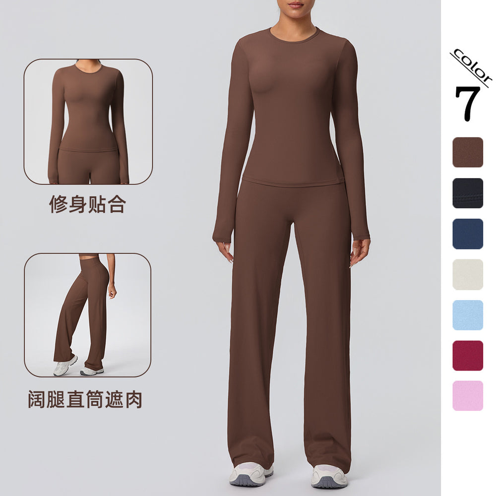 double-sided brushed pure color tight training long sleeves wide-leg yoga suit sports running fitness two-piece set