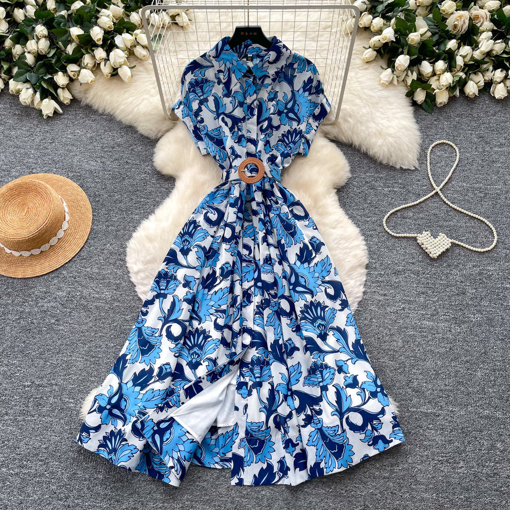 French chic vintage print collared dress - women's summer slimming, figure-flattering, high-waisted, elegant maxi dress