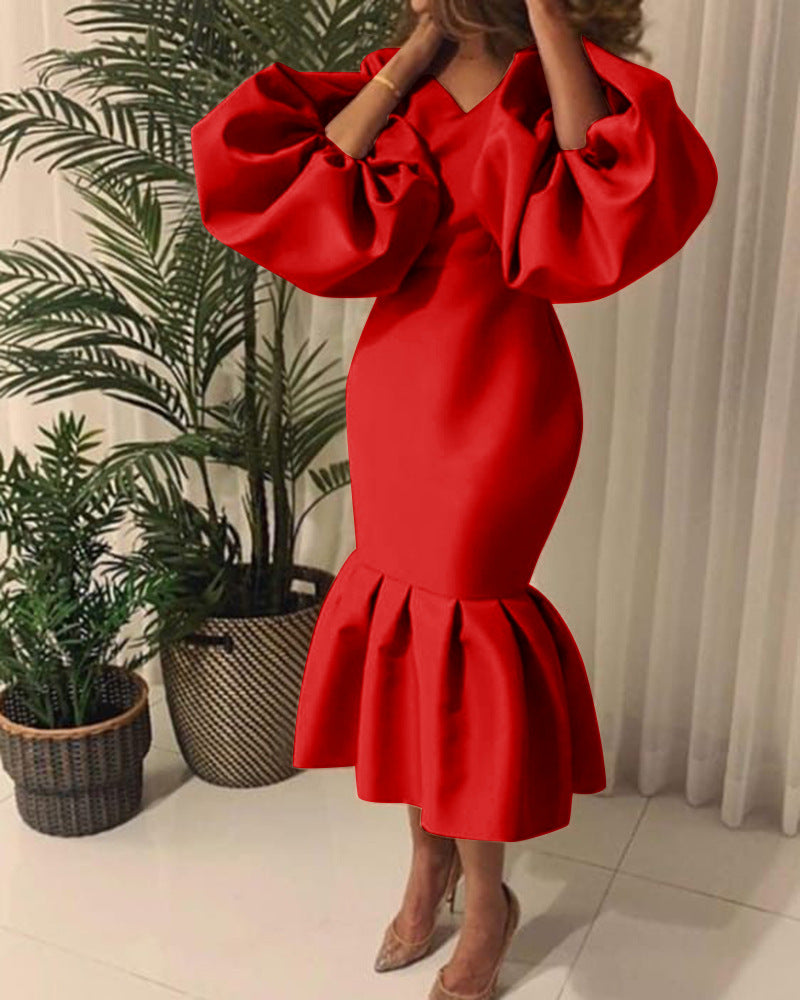D115 cross-border sourcing: african plus-size women's fashion - solid color v-neck bubble sleeve fishtail dress, european and american style evening gown
