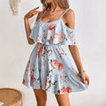 Ins hot style  european and american cross-border sexy hot girl floral print cinched waist slimming ruffle trim cami dress