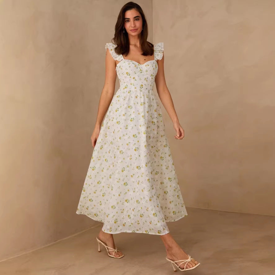 european and american cross-border new women's fitted french floral maxi dress