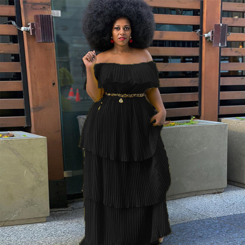 cross-border yellow chiffon one-shoulder backless bodycon beach vacation pleated maxi dress