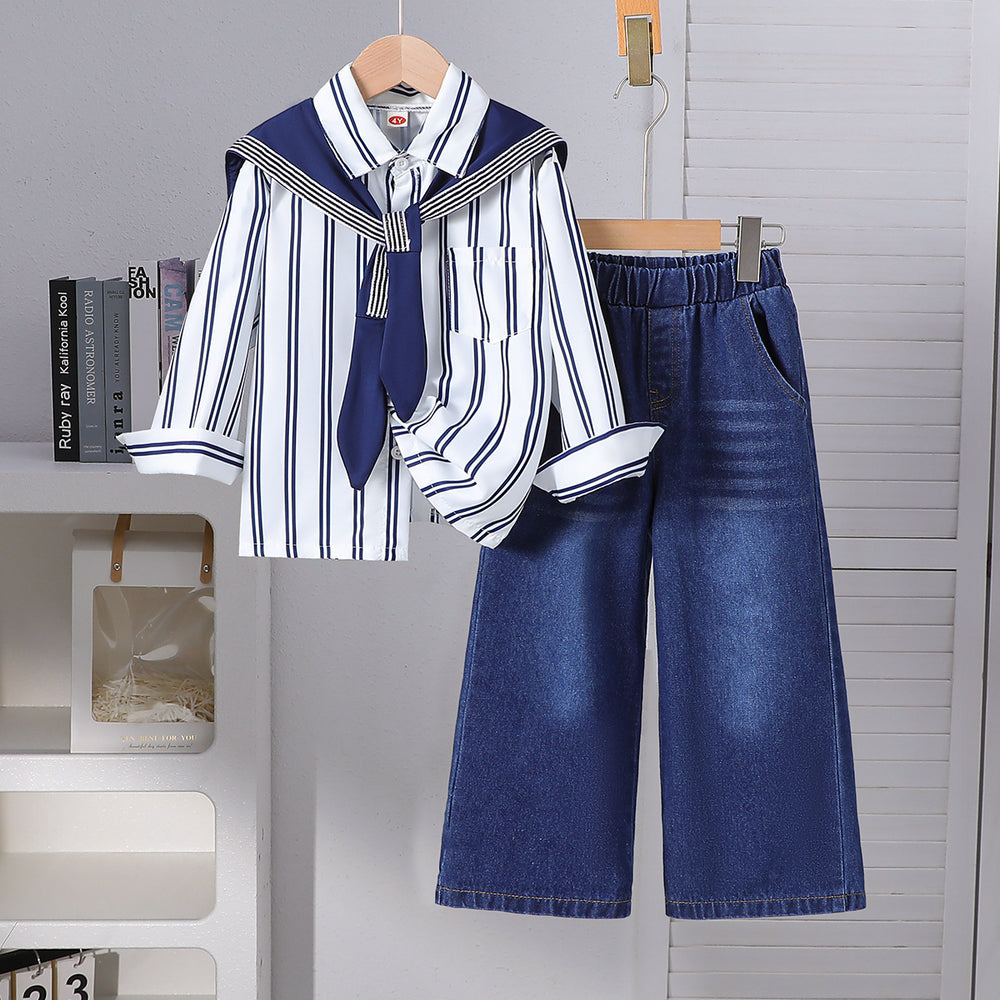 new autumn cross-border girls' striped shirt with color block shawl + straight-leg jeans three-piece set