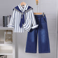 new autumn cross-border girls' striped shirt with color block shawl + straight-leg jeans three-piece set