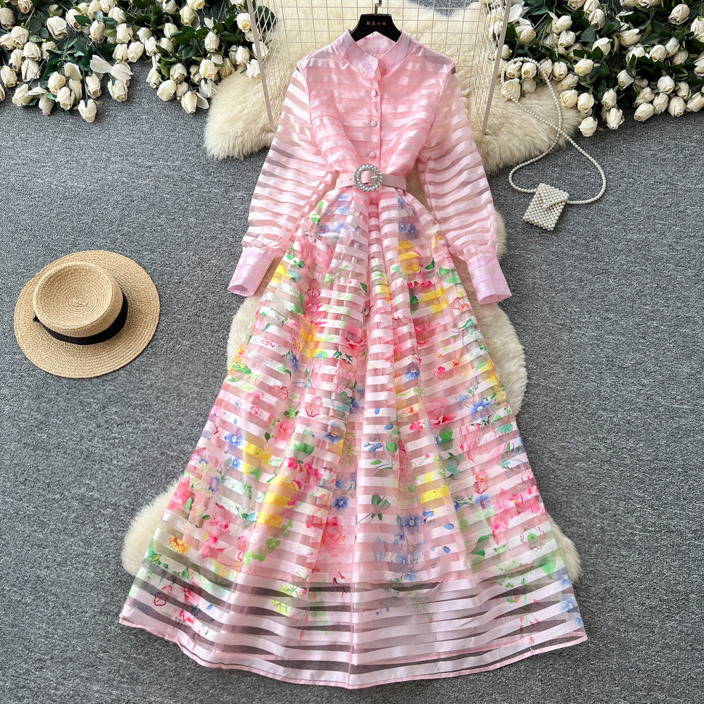 Frenchniche styleprinting stand collar long sleeves waist a-line dress female summerk-styleclassyelegant long skirt