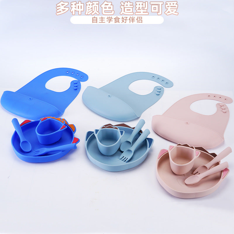 Factory wholesale baby suction cup dinner plate creative kindergarten anti-drop food grade silicone fork and spoon set silicone dinner plate
