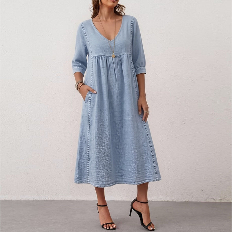 cross-border fashion: european & american style summer dresses - new arrivals. casual, loose-fit solid color v-neck pocket dress