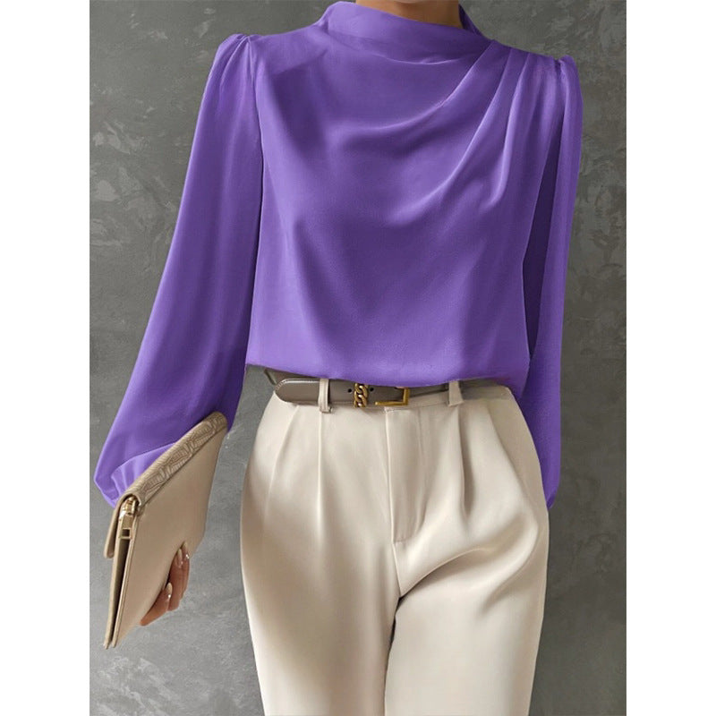 Solid color pleated women's blouse - elegant pullover satin top - new european and american style commuter long sleeve top