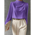 Solid color pleated women's blouse - elegant pullover satin top - new european and american style commuter long sleeve top
