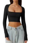 european and american autumn women's slim-fit cropped top: solid color square neck base layer, gentle long-sleeve square neck short top