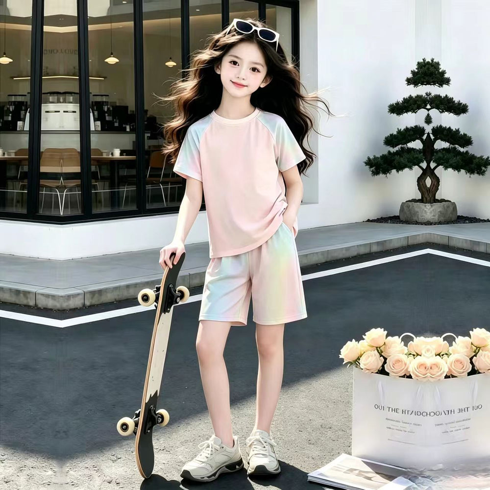 Kids'  summer new ice silk set - girls' cute student style, casual colorful gradient two-piece outfit for mid-to-large children