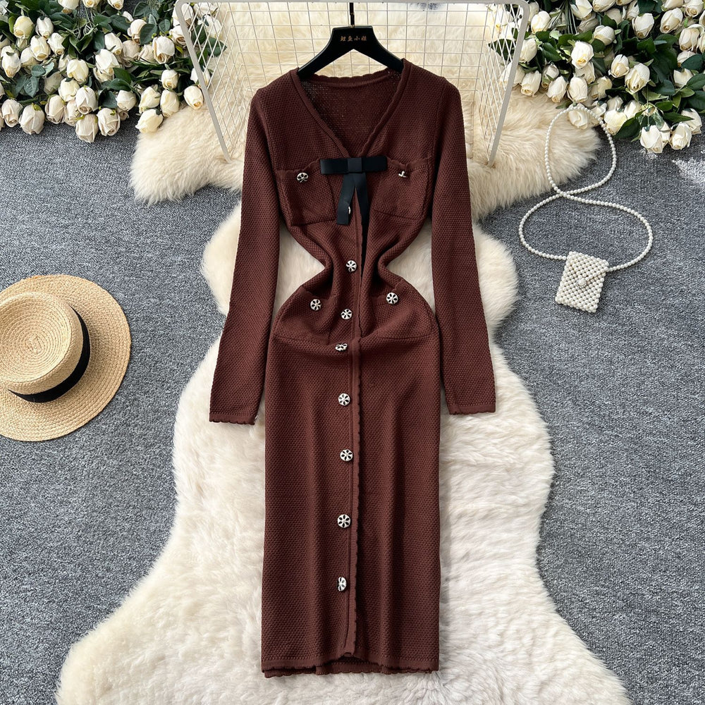 French chic chanel-inspired knit dress with bow and metal buckle detail - autumn layering sweater dress