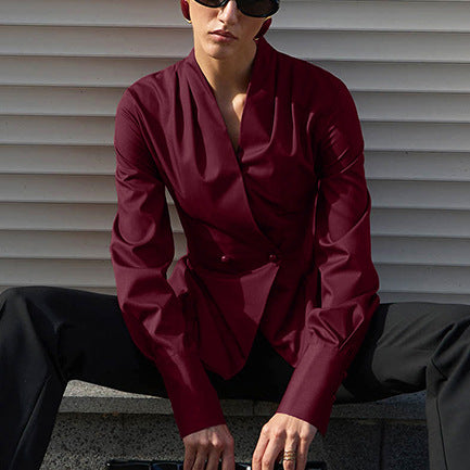 European and American  commuter women's clothing slim-fitting waist double-breasted long-sleeved v-neck jacket niche design red cardigan