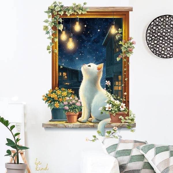 Xian 69086-Starry sky cat background wall decoration sticker fake window potted plant bedroom warm decoration sticker