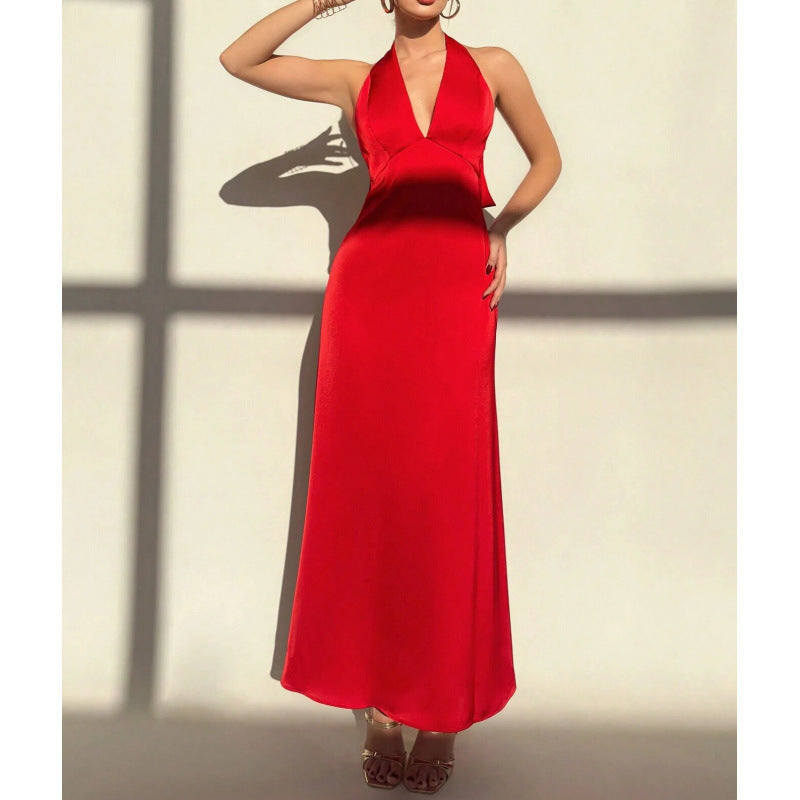 Solid color backless bowknot bodycon maxi dress, women's elegant party dress for evening events and dates