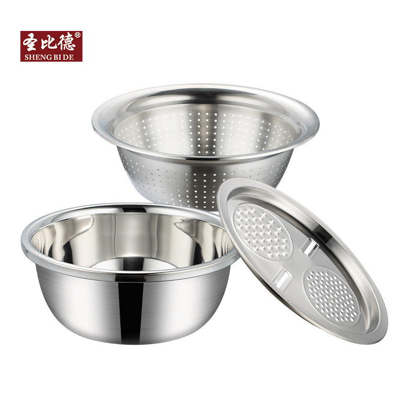 Stainless steel basin, vegetable washing basin, drain basket with planed wire cover, soup basin and noodles, egg washing, rice sieve set, kitchen household
