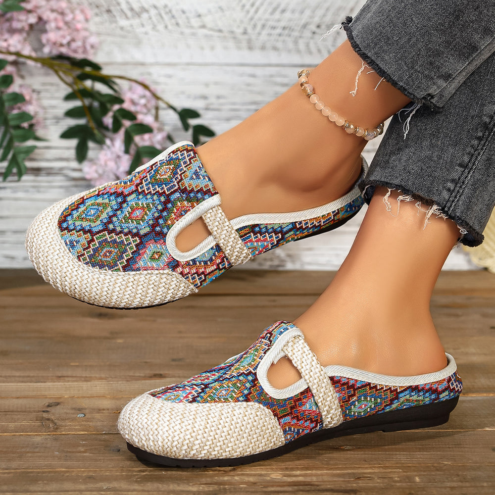 Export slip-on plus size ethnic style slip-on baotou flats slippers women's fashion round toe export flats shoes cross-border