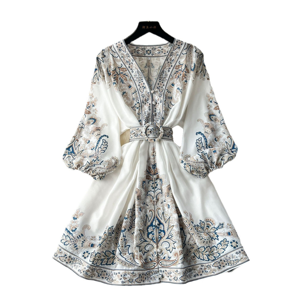 European and american retro chic location print dress - women's high-end slim-fit v-neck single-breasted elegant french mini dress