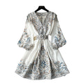 European and american retro chic location print dress - women's high-end slim-fit v-neck single-breasted elegant french mini dress