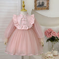 Girls' dress  spring new arrival: modern chinese style frog closure children's birthday dress, fluffy princess tutu with trendy mesh overlay