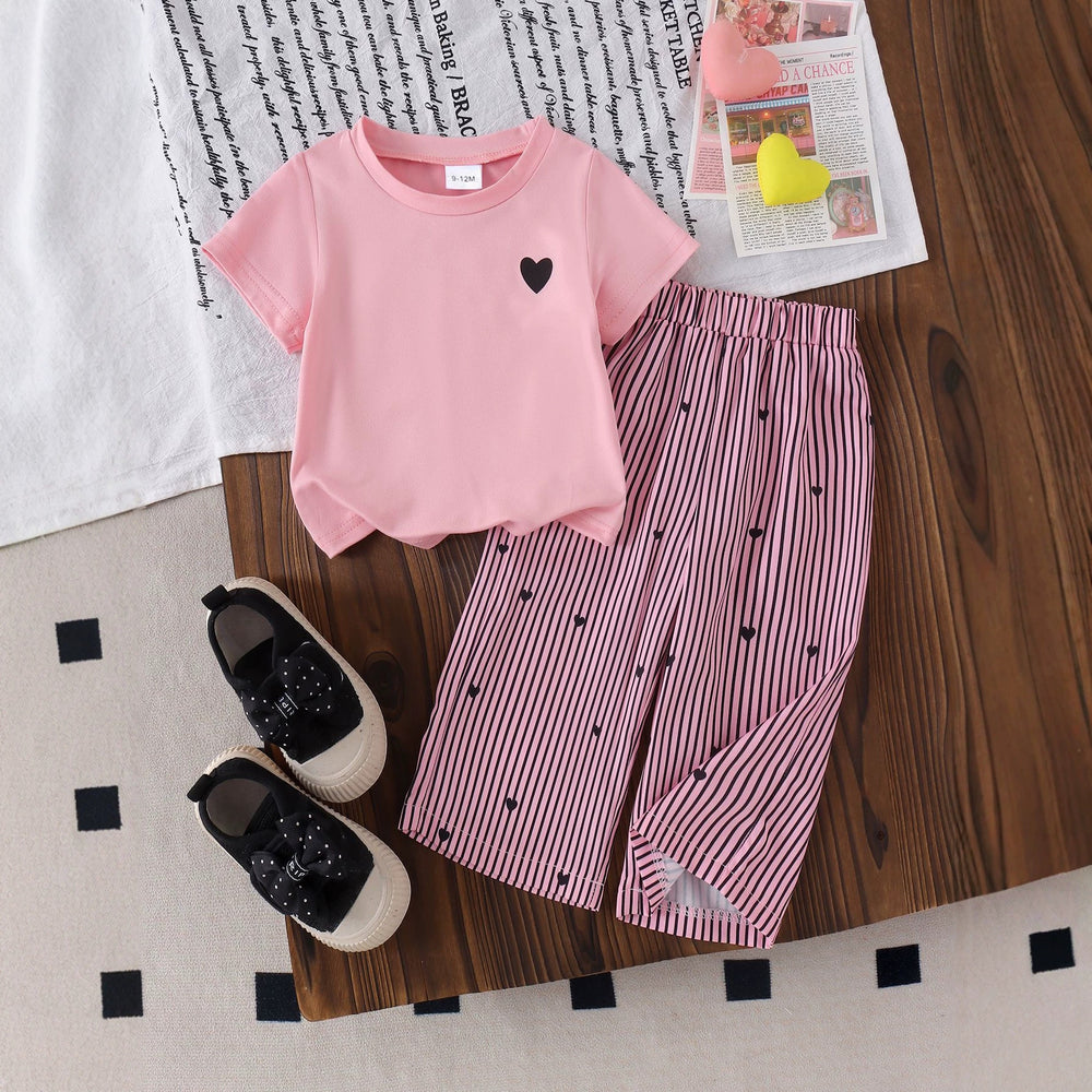 Baby girl heart print short sleeve two-piece set: solid color heart tee & vertical stripe heart wide-leg pants - casual summer outfit