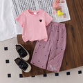Baby girl heart print short sleeve two-piece set: solid color heart tee & vertical stripe heart wide-leg pants - casual summer outfit