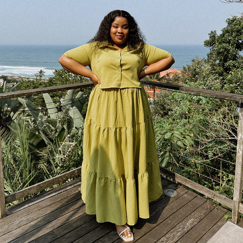 European and american style women's clothing  autumn new arrival: loose fit plus size turn-down collar short sleeve shirt and high waist a-line midi skirt two-piece set