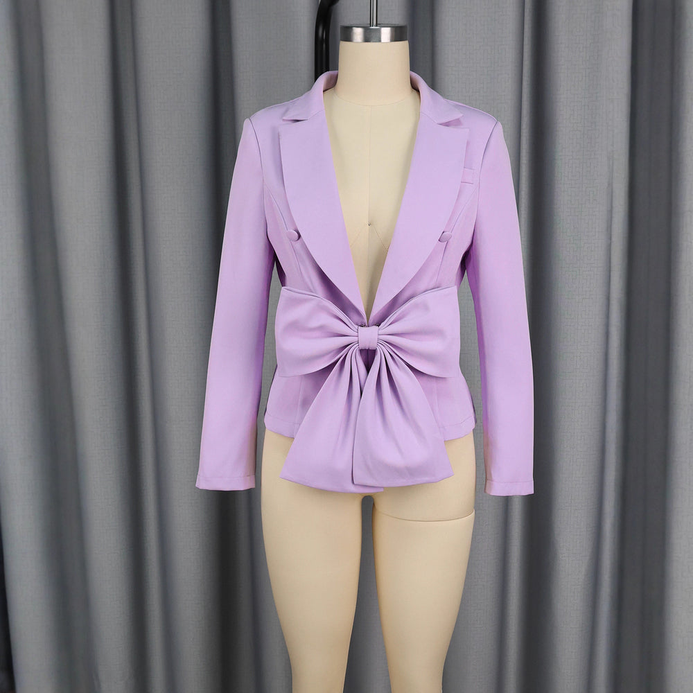 European and american elegant lapel deep v long sleeve blazer with detachable bow tie waist – versatile party top coat