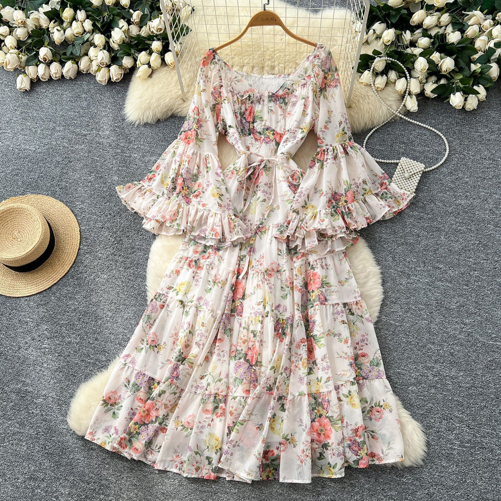 French chic one-shoulder flared sleeve tie-waist floral chiffon dress - women's autumn ruffle maxi dress