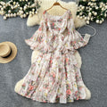 French chic one-shoulder flared sleeve tie-waist floral chiffon dress - women's autumn ruffle maxi dress