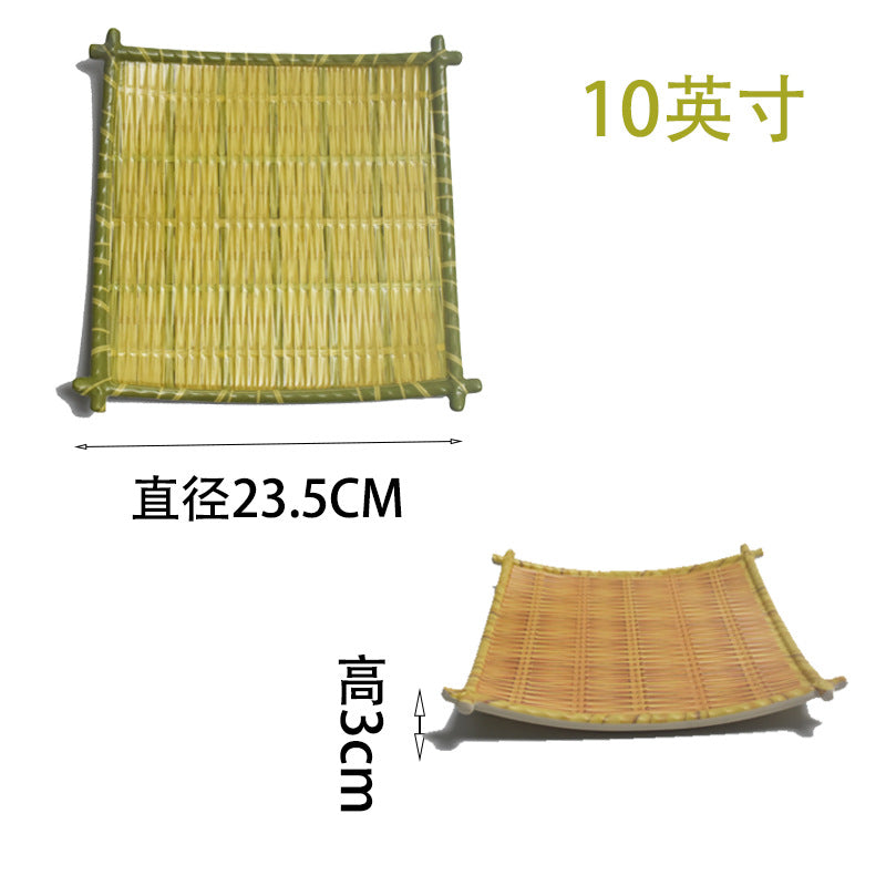 Bamboo woven disc plastic hot pot dish plate restaurant large plate barbecue plate farmhouse tableware green roast chicken plate banquet