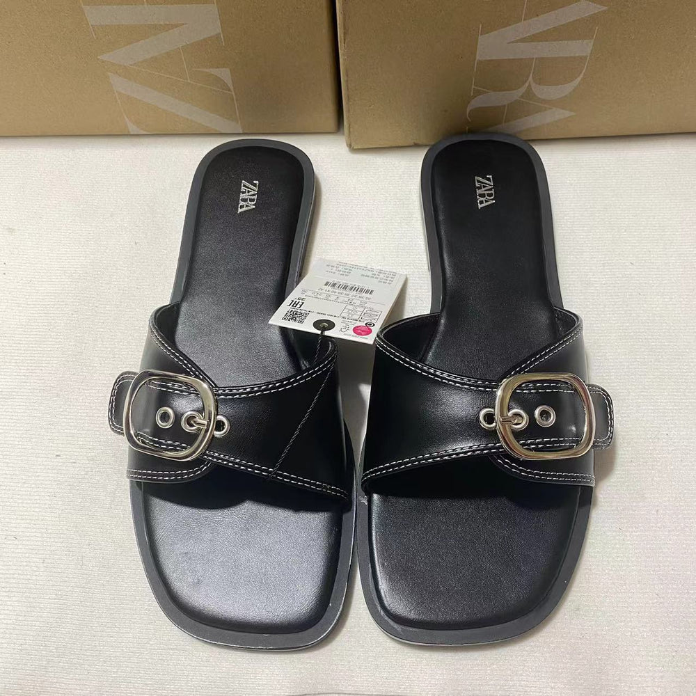 Za2024autumnew arrival one-piece strap back hollow outwear sandals black buckle flats sandals breathable casual