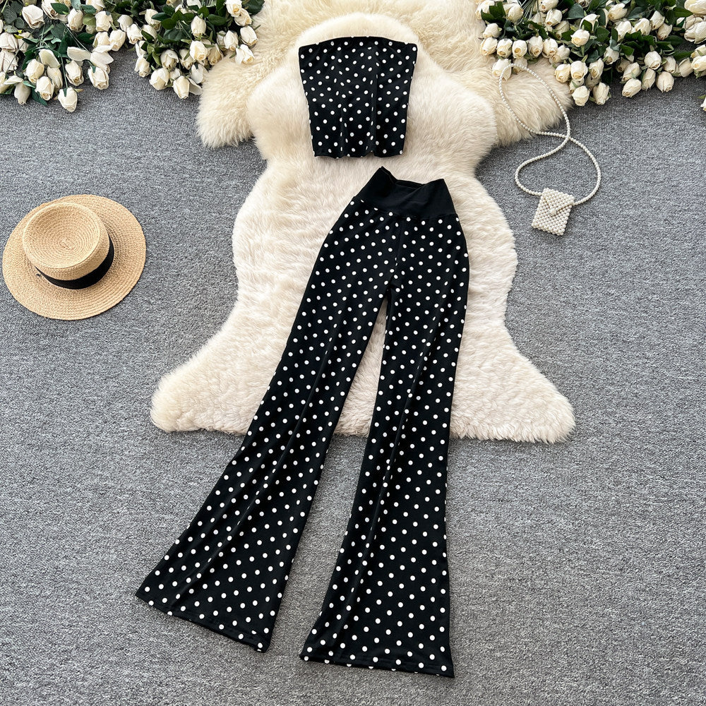 K-style high waist polka dot casualcasualtwo-piece set female summer lazy style slimming look silmsuitelegant outfit