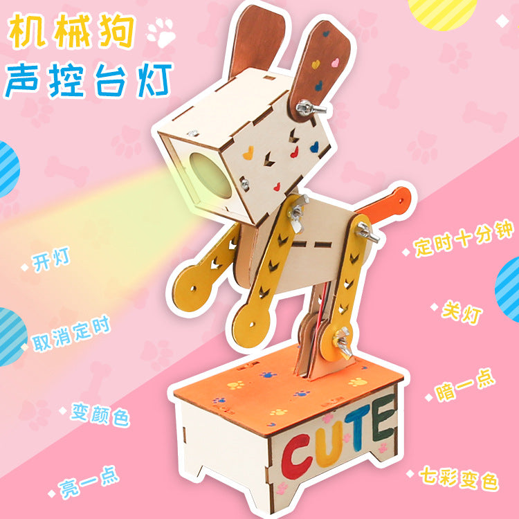 STEAM handmade technology small production mechanical dog voice-activated desk lamp educational toy creative voice-activated color-changing puppy lamp