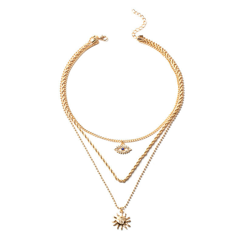 Stacked sunflower pendant wholesale cross-border retro multi-layer necklace niche high-end cross heart clavicle chain