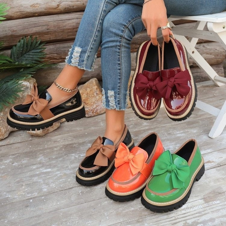 plus sizespring & fallnew arrival loafers women's bows british style leather shoes thick heel thick soleexportretroflats