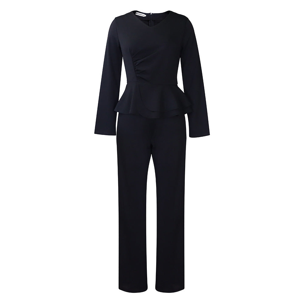 D458 independent station foreign trade suit fall and winter new arrivalfashionolrufflesv necktops pantsfashiontwo-piece set