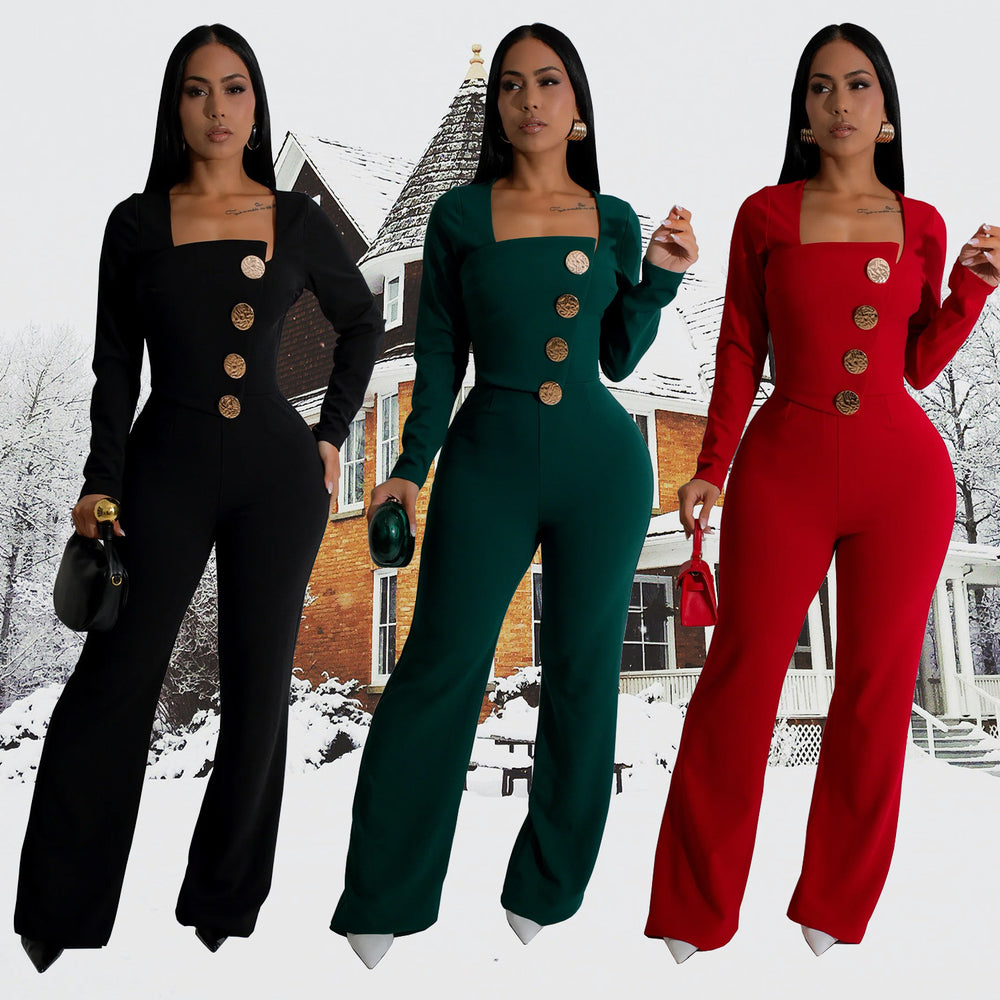 C7201 cross-border   fashion women's long-sleeve arm-hugging pants slim-fit solid color jumpsuit