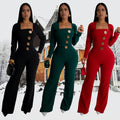 C7201 cross-border   fashion women's long-sleeve arm-hugging pants slim-fit solid color jumpsuit