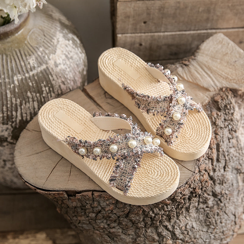 Wedge heel chanel-inspired pearl slippers - women's summer outdoor wear, 2024 new thick-soled platform sandals with heel