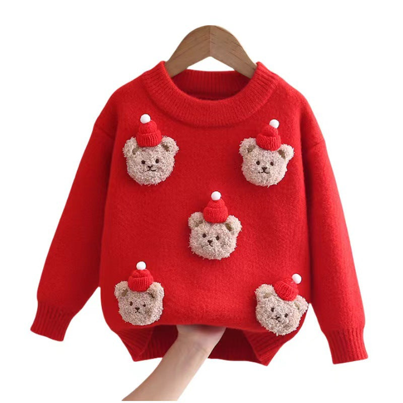 Christmas kids' sweater - korean velvet thickened, cartoon bear hand-knitted base layer for boys and girls