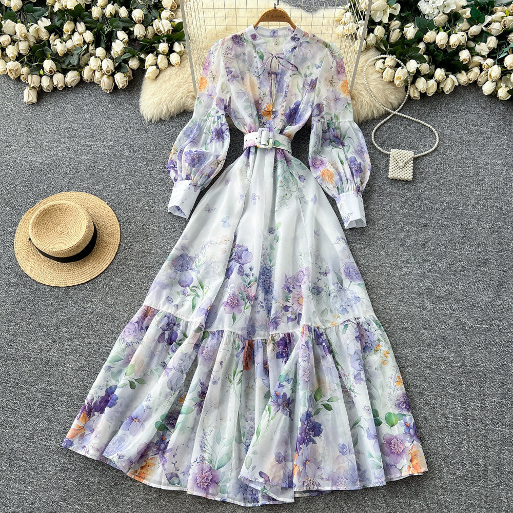 Korean style floral rhinestone embellished tie-up dress - women's spring long sleeve high waist a-line maxi dress - elegant commute