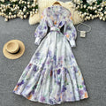 Korean style floral rhinestone embellished tie-up dress - women's spring long sleeve high waist a-line maxi dress - elegant commute