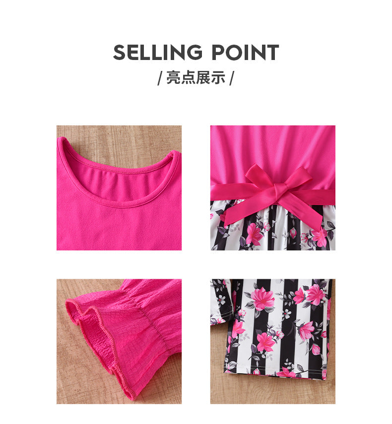 Girls' foreign trade outfit: pink lace-trimmed jacket, vest, romper, and black and white striped floral print two-piece set