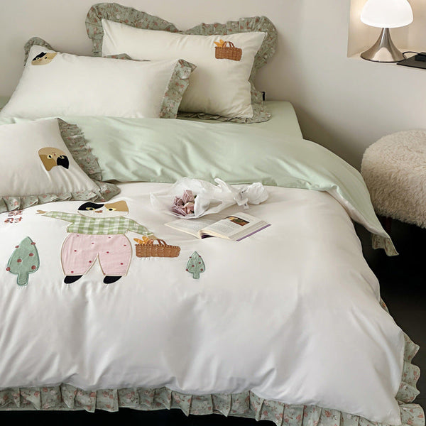 ins lace embroidery pure cotton wrinkled yarn four-piece set cartoon cat cotton double-layer yarn skin-friendly bed sheet quilt cover 1.8
